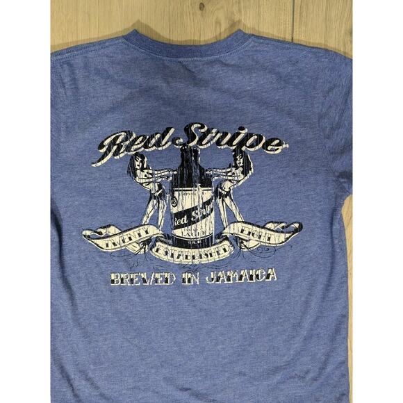 Red Stripe Brewing T Shirt Mens Medium Jamaican Beer Graphic Two Sided SS Blue - Picture 6 of 7